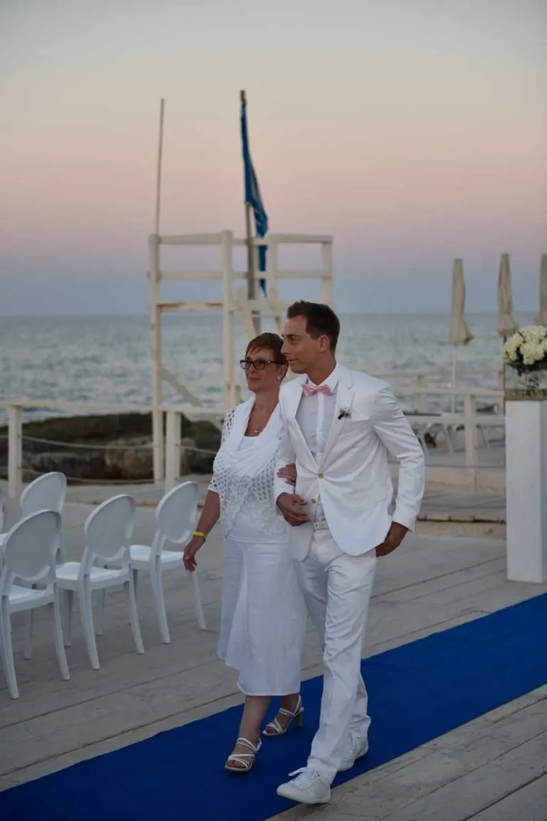 The groom’s mother at a beach wedding in Puglia
