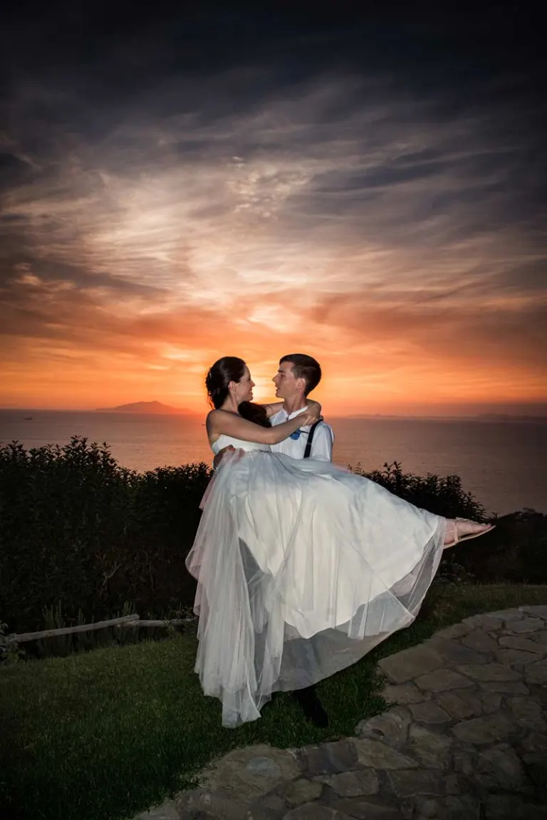 Bride and groom at sunset in Massa Lubrense