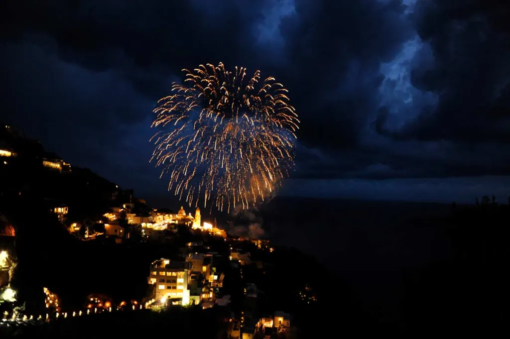 Fireworks over the sea at a wedding in Praiano