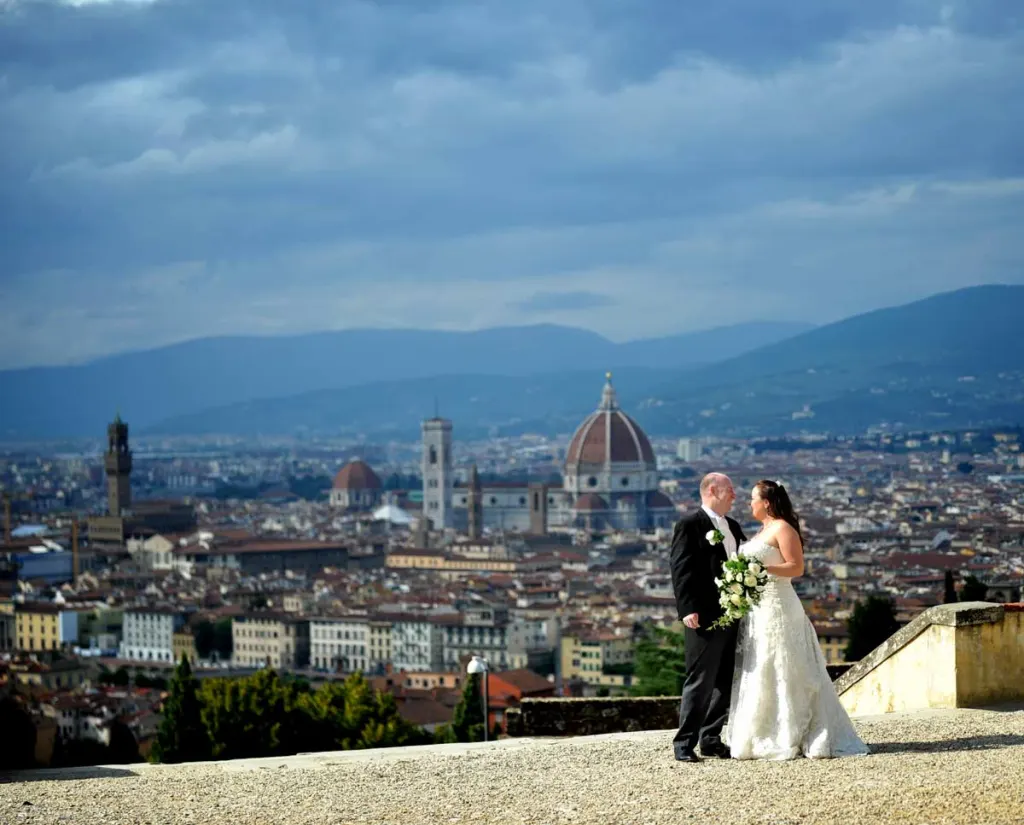 Wedding couple on a hill above Florence