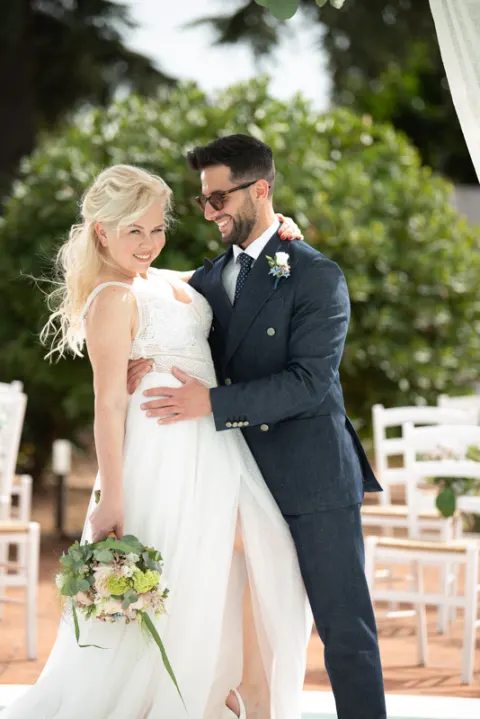 Happy bride and groom at a masseria wedding in Puglia