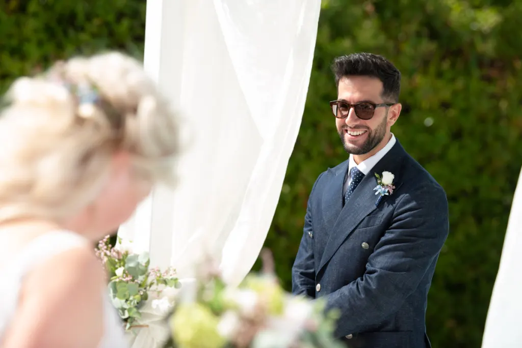 Groom seeing his bride for the first time in Puglia